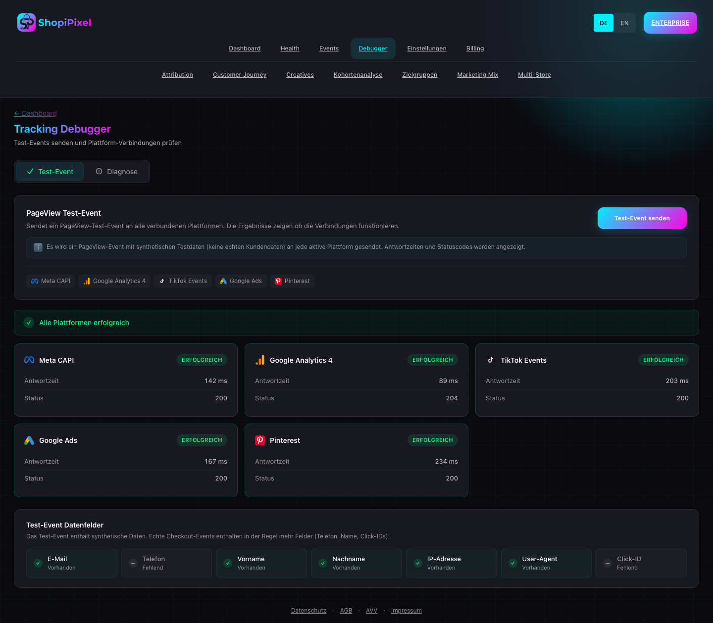 Der Tracking Debugger zeigt dir für jede Plattform ob Events erfolgreich ankommen.
