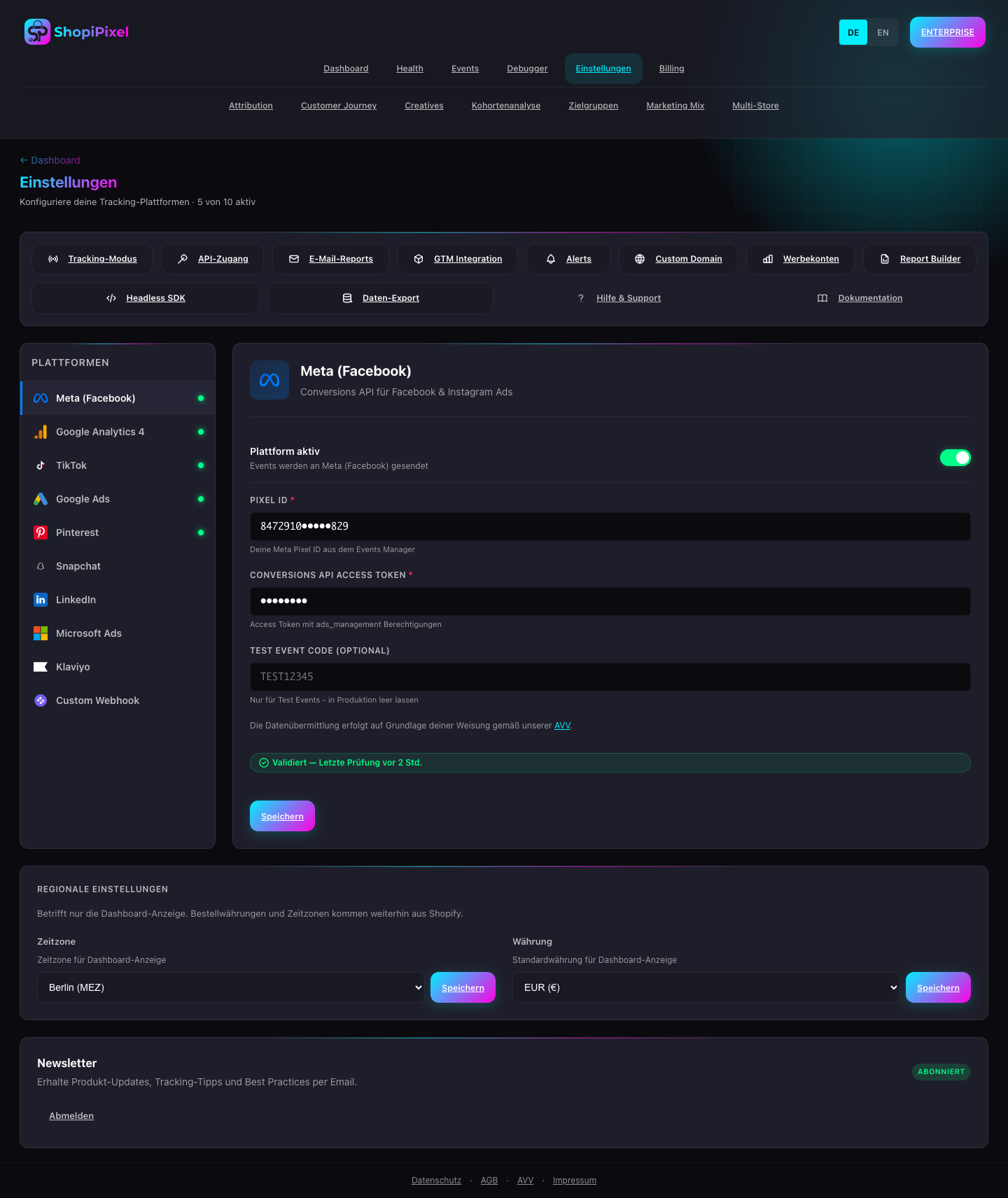 Alle 10 Plattformen auf einen Blick — wähle links die Plattform und trage rechts deine Credentials ein.