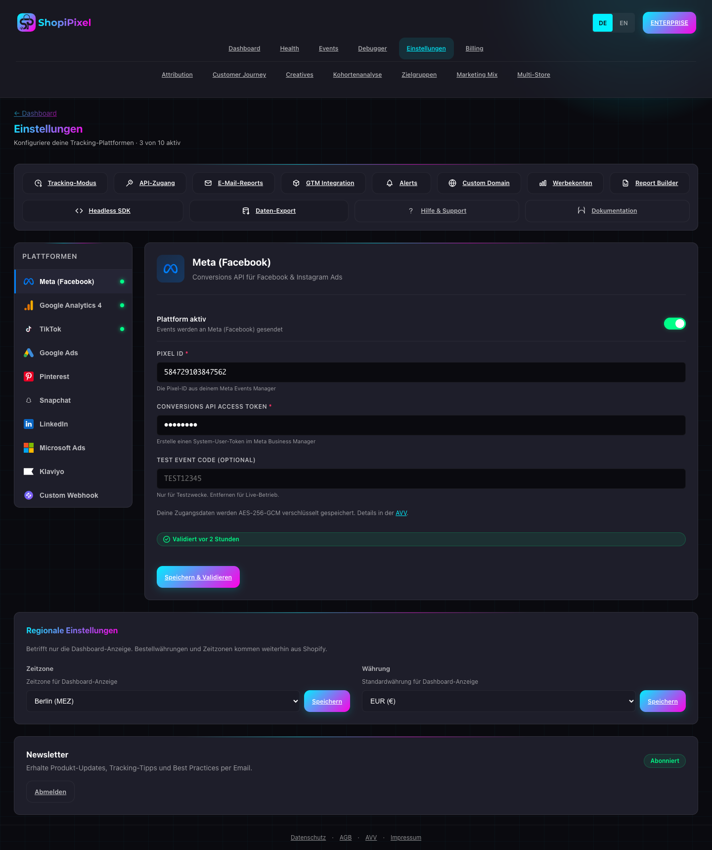 So sehen die Tracking-Einstellungen aus — hier konfigurierst du Tracking-Modus, Event-Verteilung und Consent.