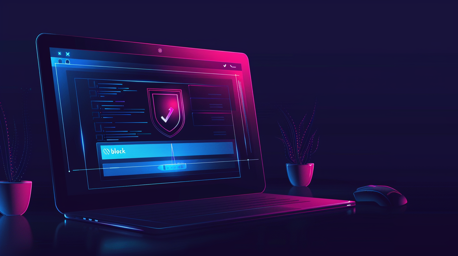 Laptop mit aktivem Ad-Blocker blockiert Tracking-Skripte